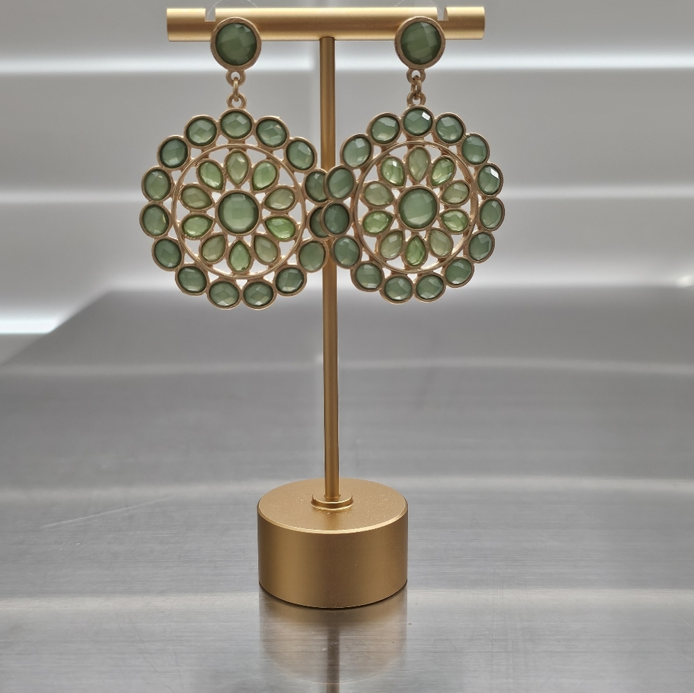 Gold-Tone Green Gemstone Filigree Drop Earrings
